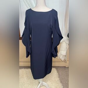 Vince Camuto DressWomens 8 Ruffled Long Sleeves Sheath Navy Blue